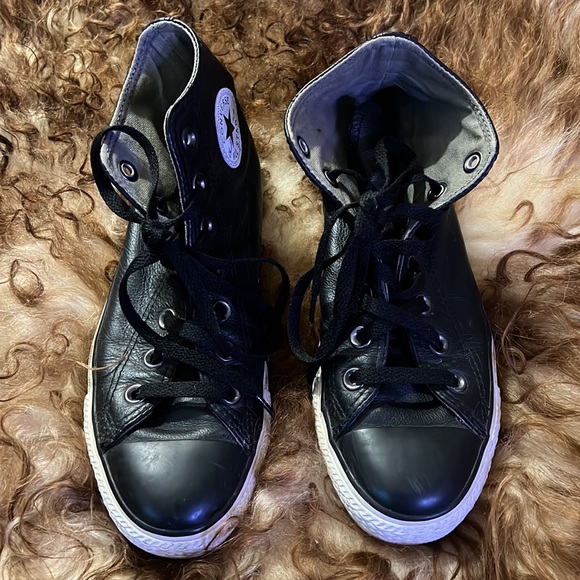 CONVERSE Custom Black Leather Hi-Tops 6 - Picture 2 of 5